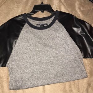 Faux leather sleeves with grey T-shirt!
